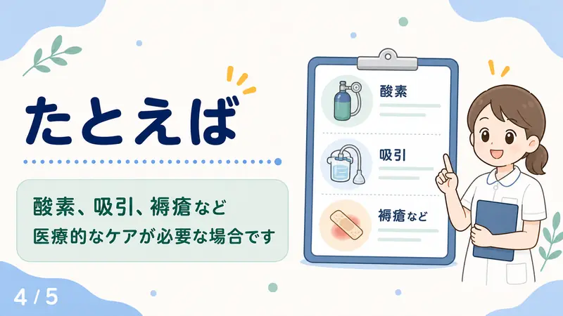 スライド4: 代表例：酸素、吸引、褥瘡など